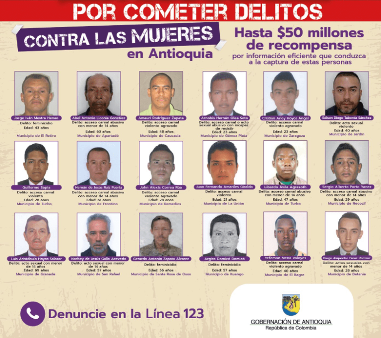 Antioquia difunde lista de los 18 hombres más buscados por casos de violencia de género, ofreciendo una recompensa millonaria.